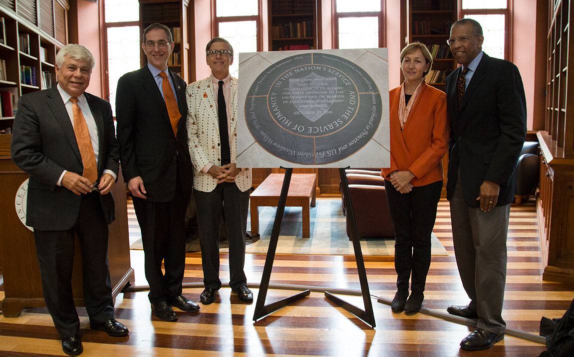 Charter Day installation of new medallion Robert Durkee, President Eisgruber, Jeffrey Wieser, Sara Judge, Brent Henry in Chancellor Green