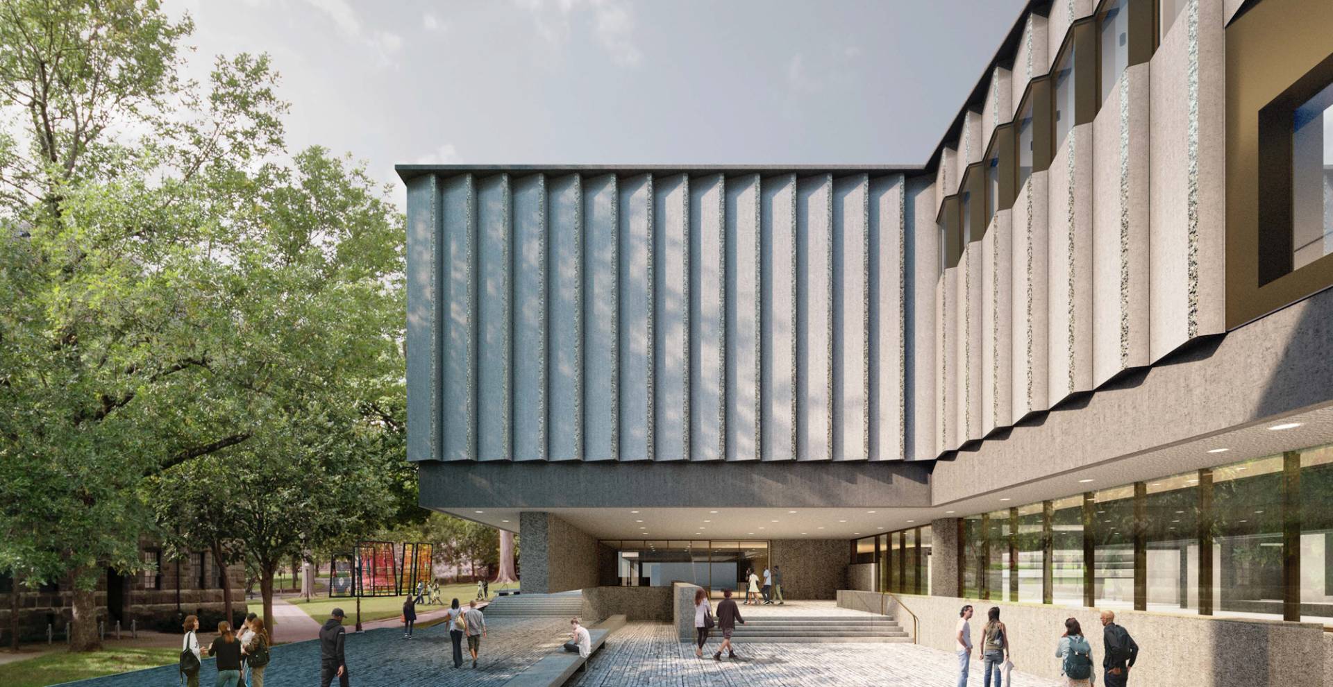 3D rendition of the Princeton Art Museum. Large building with people walking around.
