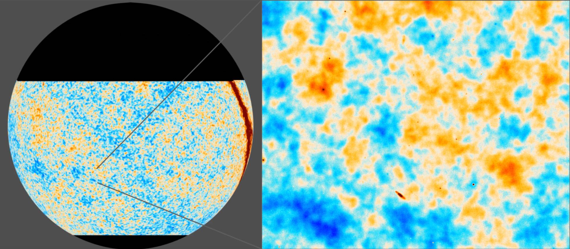 Lumpy orange and blue image with a bright red stripe along one side. Details in caption.