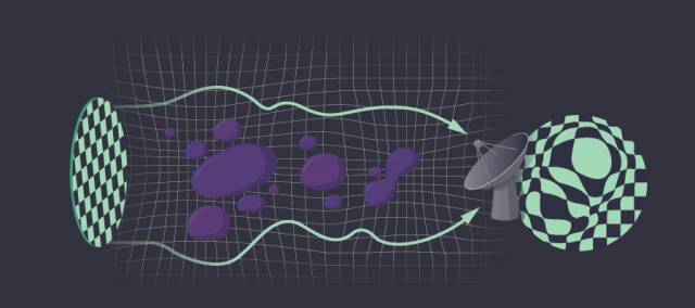 A disk and a telescope with wavy lines and ovoid shapes in between them.