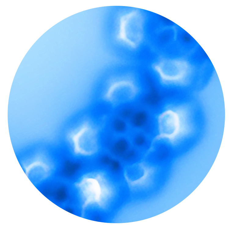 Bright white hexagons and pentagons show the atomic structure of cobalt and iron.